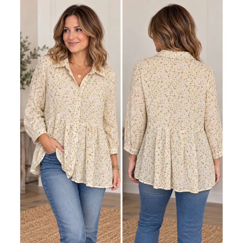 J. Jill Linen Cotton Abstract Dot Print Button Front Peplum Blouse Women's M